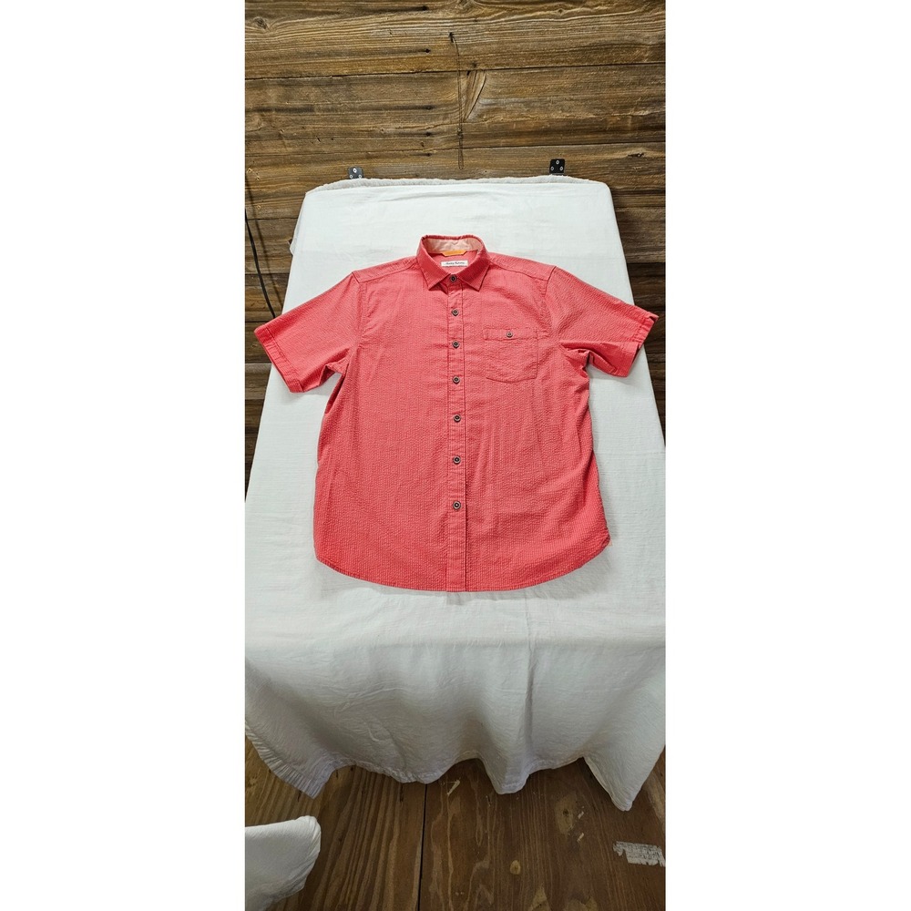 Tommy Bahama Mens Coral Red Seersucker Short Sleeve Button Down Shirt Size M